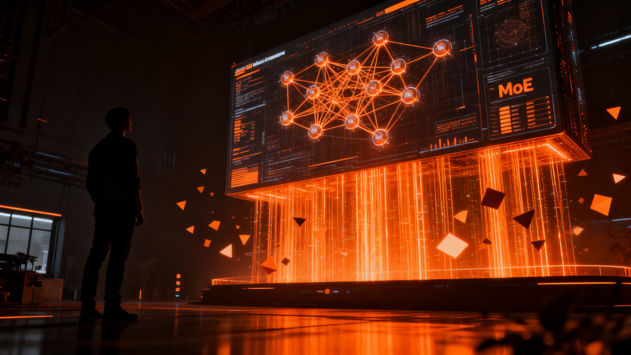 Desarrollador analizando la arquitectura del modelo de lenguaje Tencent Hy4 de 770B parámetros en una interfaz de datos naranja y negra.