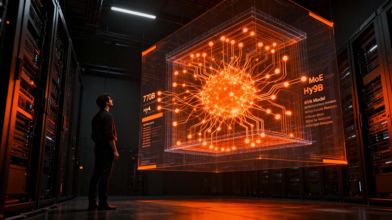 Desarrollador analizando la arquitectura del modelo de IA Tencent Hy4, representando el avance en modelos de lenguaje de gran escala y razonamiento avanzado.