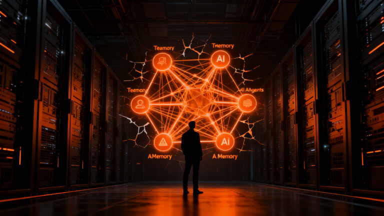 Agentes de IA compartiendo memoria y datos en un entorno digital avanzado, concepto de gobernanza de automatización.