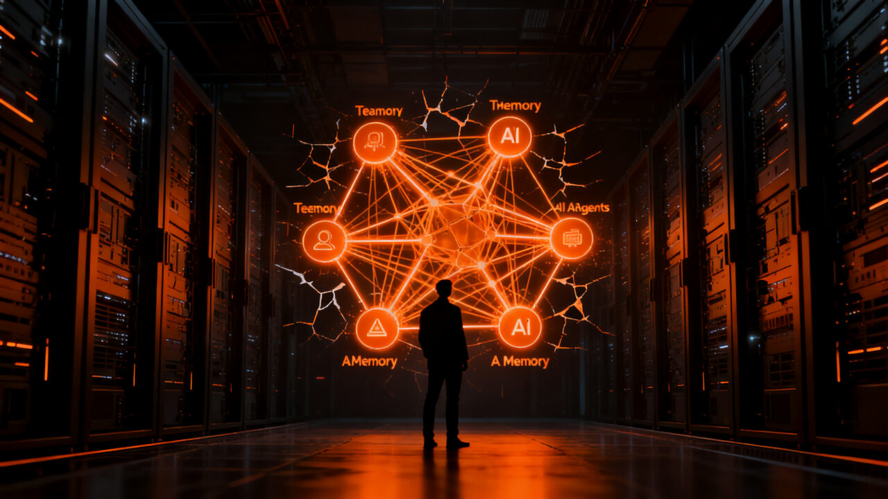 Agentes de IA compartiendo memoria y datos en un entorno digital avanzado, concepto de gobernanza de automatización.