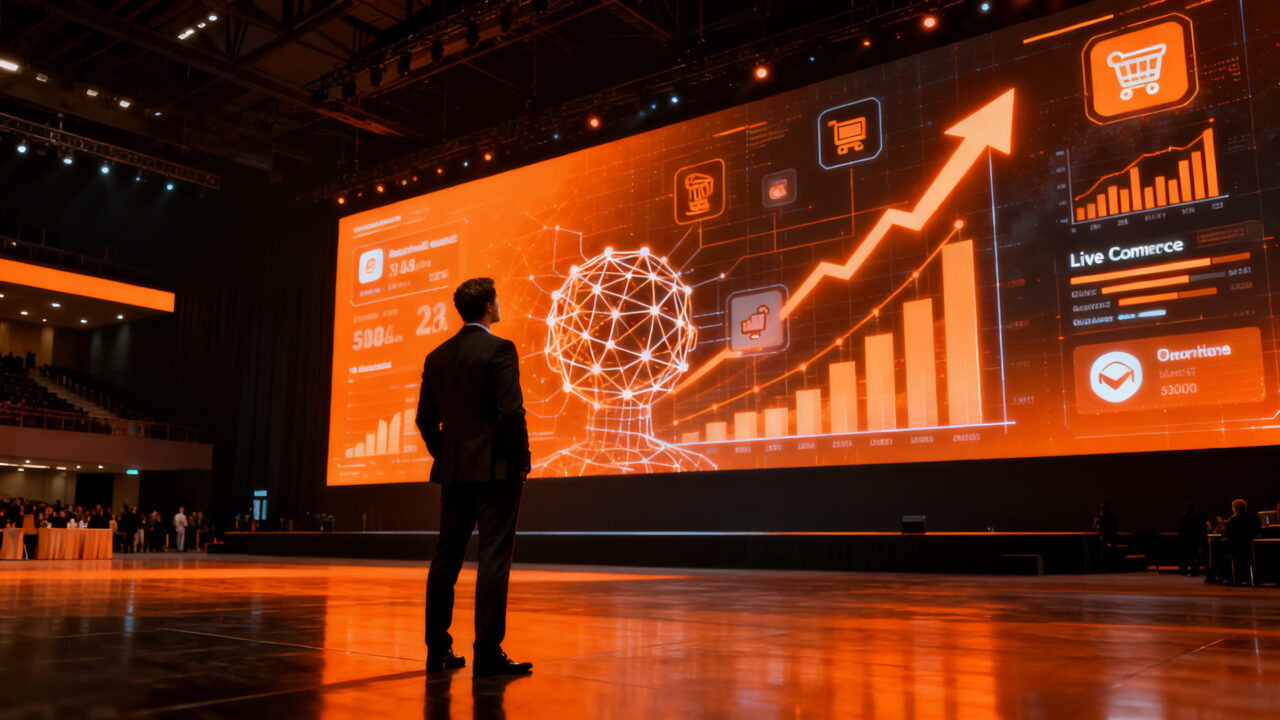 Emprendedor analizando tendencias de e-commerce y live commerce en un entorno futurista de Mercado Libre Experience 2026.