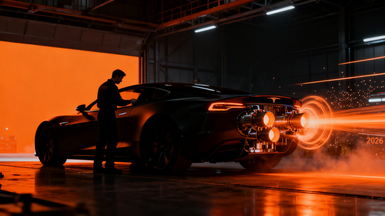 Tesla Roadster con tecnología de propulsores SpaceX, representando la innovación en vehículos eléctricos y el impacto en el mercado.