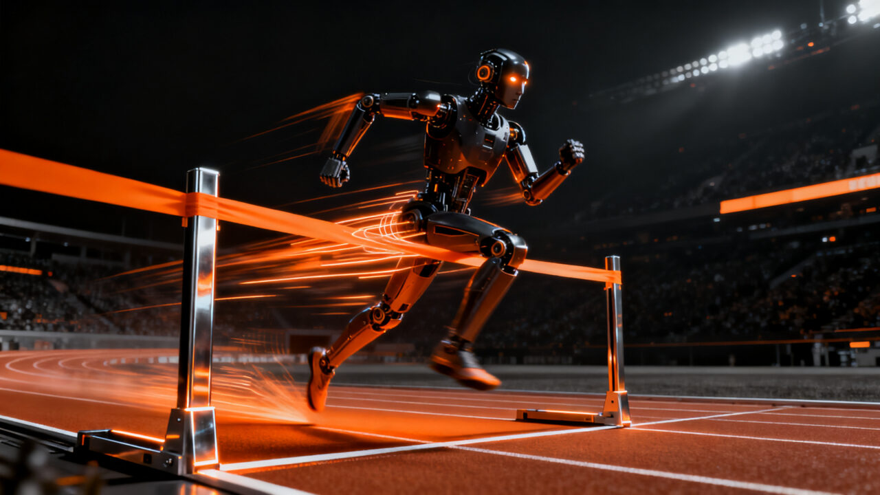 Robot humanoide Tiangong Ultra superando el récord de velocidad de Usain Bolt en una pista de carreras futurista.