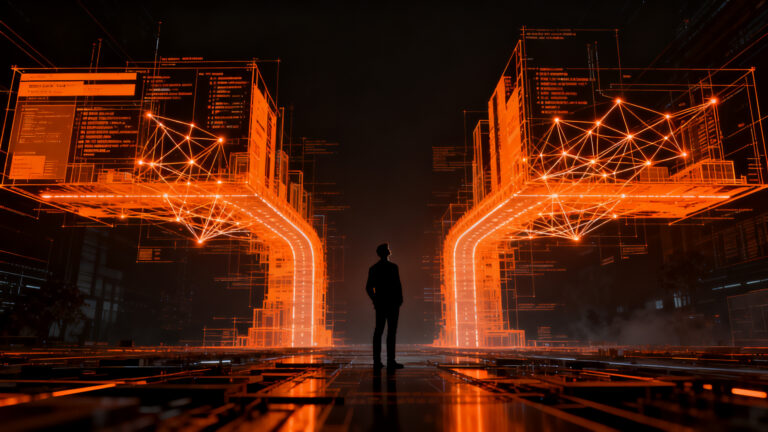 Arquitecto de software ante una encrucijada tecnológica, representando la toma de decisiones críticas en startups y el evangelismo técnico.