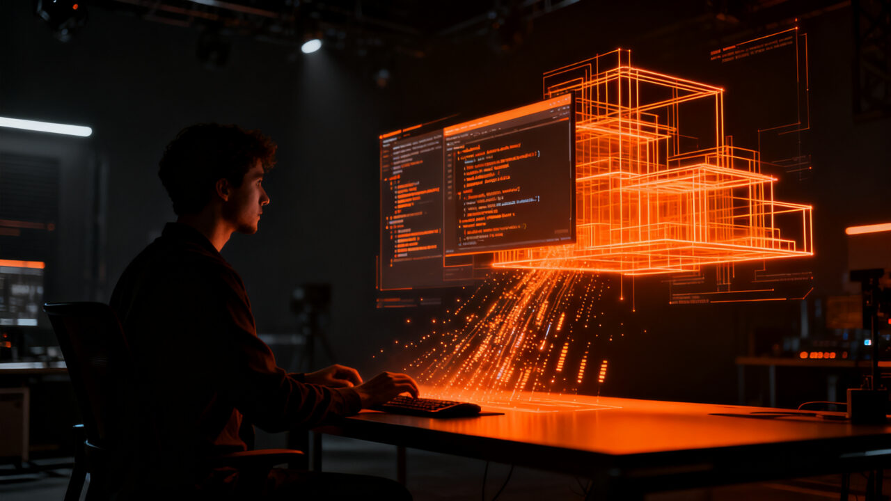 Desarrollador programando software personalizado con IA, representando la revolución de las herramientas de desarrollo en 2026.