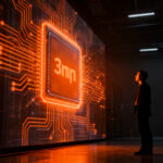 Silueta de un fundador analizando una red compleja de semiconductores 3nm, representando el impacto de TSMC en startups de IA.