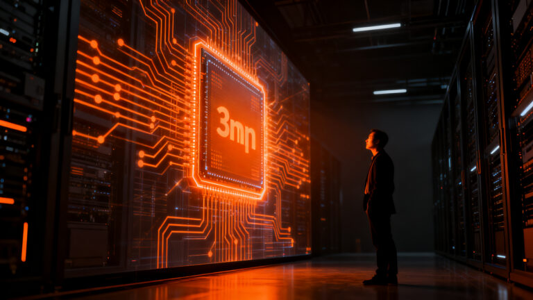 Silueta de un fundador analizando una red compleja de semiconductores 3nm, representando el impacto de TSMC en startups de IA.