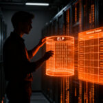 Ingeniero informático interactuando con una estructura de datos binaria ELF y SQL, representando la fusión de ejecutables y bases de datos.