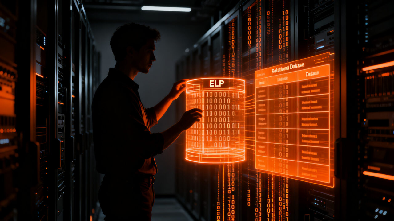 Ingeniero informático interactuando con una estructura de datos binaria ELF y SQL, representando la fusión de ejecutables y bases de datos.