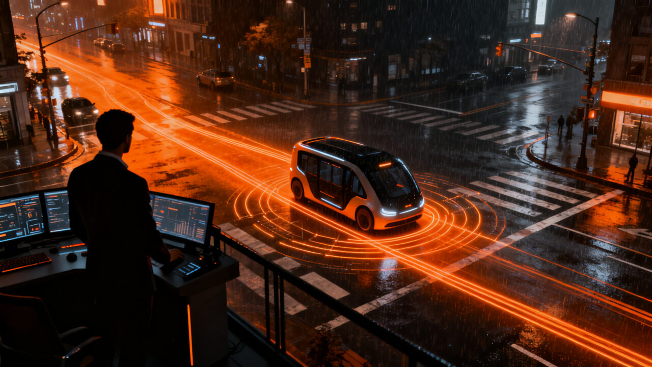 Robotaxis autónomos de Uber y Pony.ai circulando en una metrópolis futurista, representando el futuro de la movilidad urbana y la conducción autónoma.
