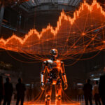 Robot humanoide tecnológico en un entorno de mercado financiero, analizando la posible burbuja en la industria de la robótica.