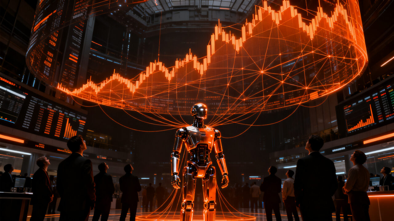 Robot humanoide tecnológico en un entorno de mercado financiero, analizando la posible burbuja en la industria de la robótica.