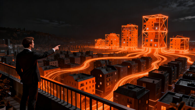 Concepto de vivienda universal propuesto por Christian Reber, visualizando la integración entre arquitectura urbana y el derecho a la vivienda en un entorno de inversión inmobiliaria.