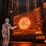 Agente de IA realizando pagos autónomos con USDC en la red x402, representando el futuro de las finanzas programables.