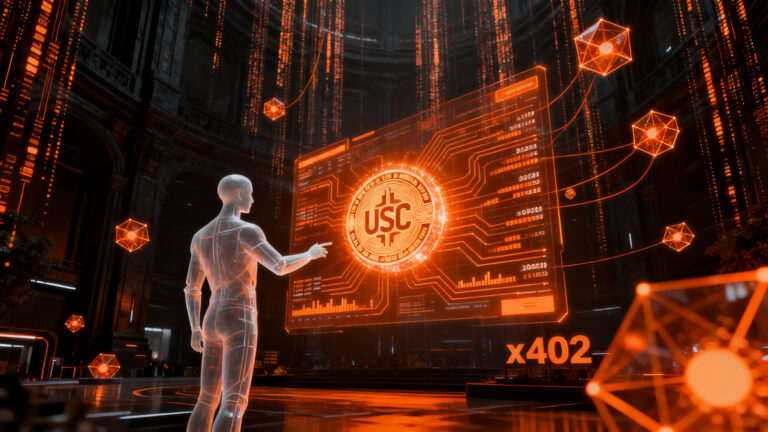 Agente de IA realizando pagos autónomos con USDC en la red x402, representando el futuro de las finanzas programables.