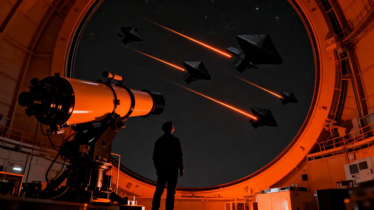 Silueta de observador mirando satélites con recubrimiento Vantablack 310 en el cielo nocturno, representando la reducción de contaminación lumínica orbital.
