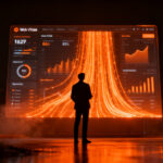 Analista web observando métricas de rendimiento y Core Web Vitals en una interfaz futurista de Vercel.