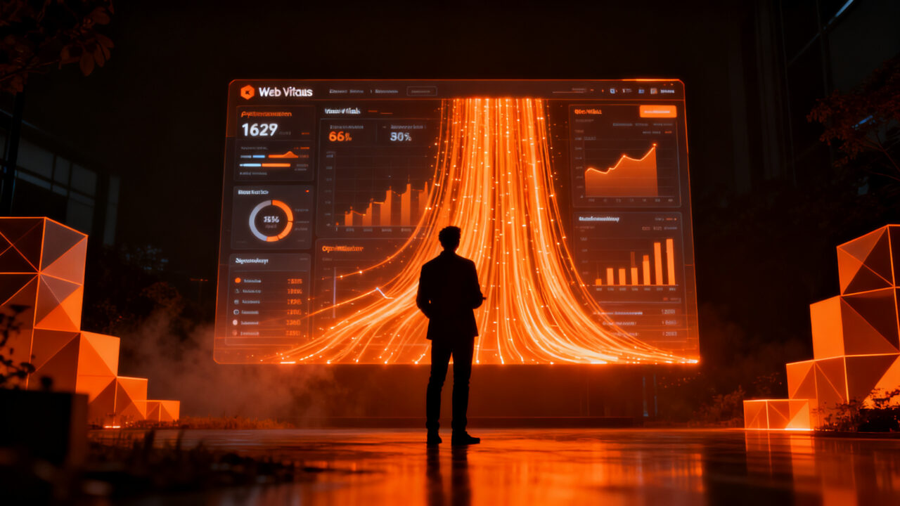 Analista web observando métricas de rendimiento y Core Web Vitals en una interfaz futurista de Vercel.