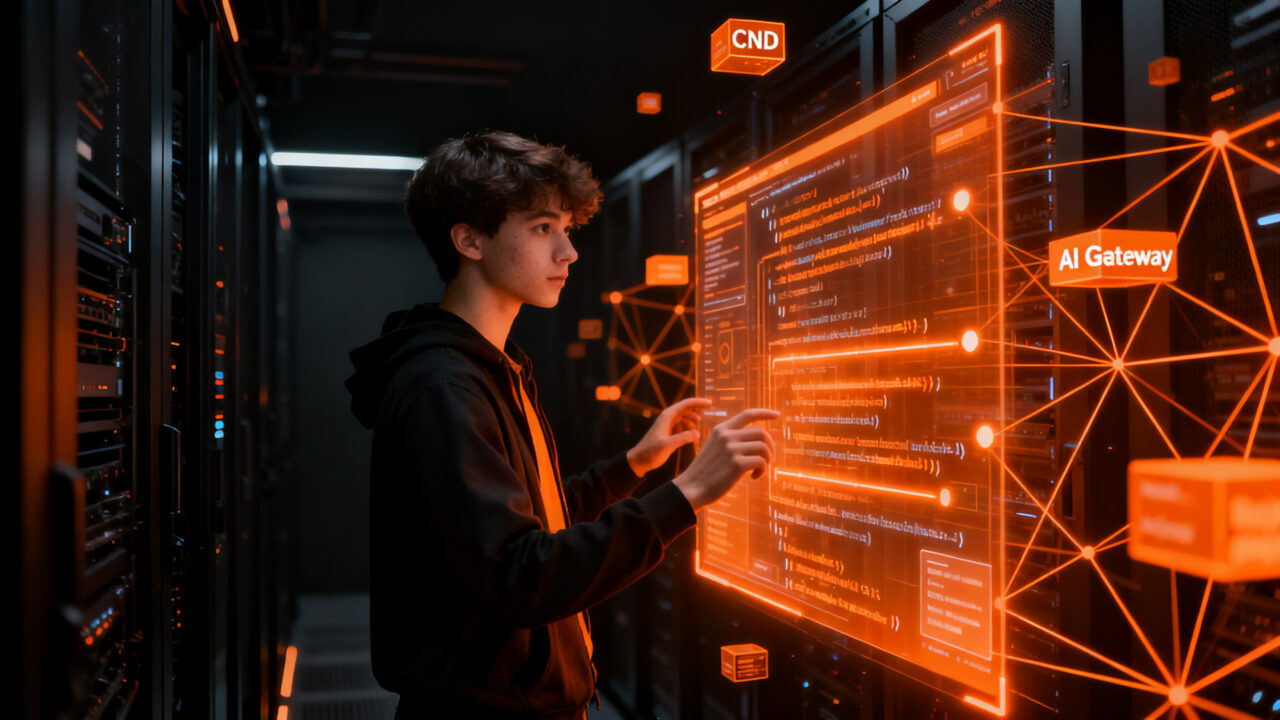 Joven ingeniero de software desplegando código crítico en un entorno de producción de alta velocidad, representando el talento tech de Vercel.