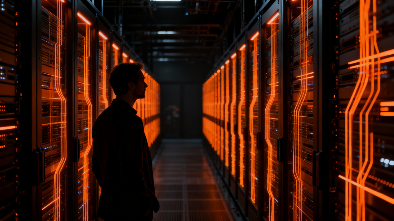 Emprendedor analizando infraestructura de IA y servidores de alto rendimiento, representando el crecimiento acelerado de startups tecnológicas.