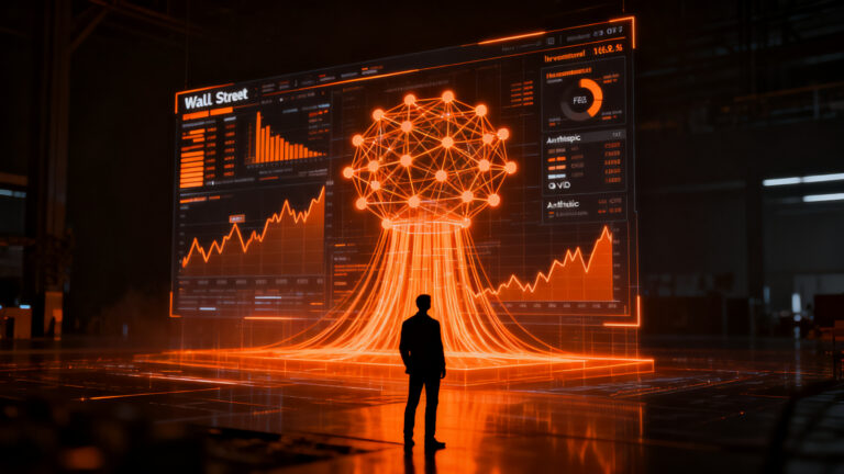 Un fundador analizando un tablero financiero digital que representa el mercado tecnológico, la IA de Anthropic y la influencia de Nvidia.