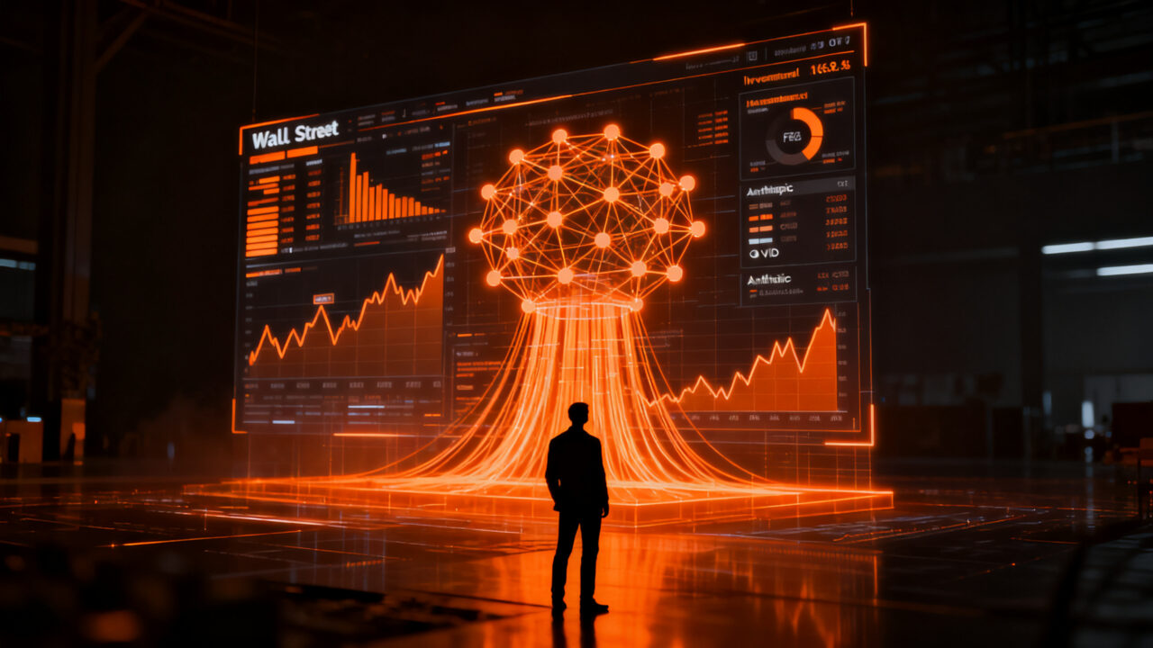Un fundador analizando un tablero financiero digital que representa el mercado tecnológico, la IA de Anthropic y la influencia de Nvidia.