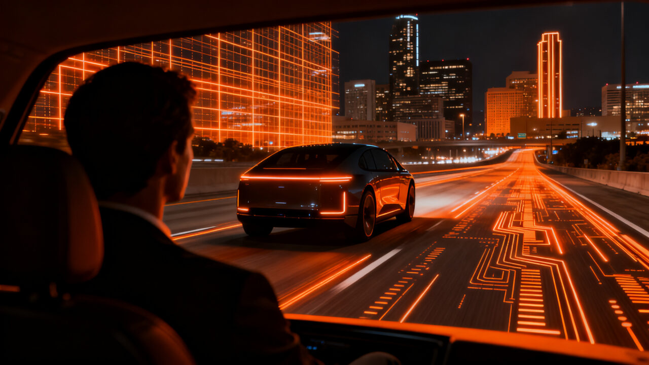 Robotaxi autónomo circulando por Dallas, representando la escalabilidad de la movilidad autónoma y el futuro del transporte urbano.