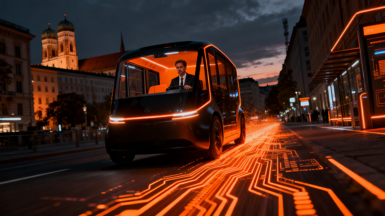 Robotaxi autónomo de Waymo circulando por las calles de Múnich, simbolizando la expansión de la movilidad autónoma en Europa.