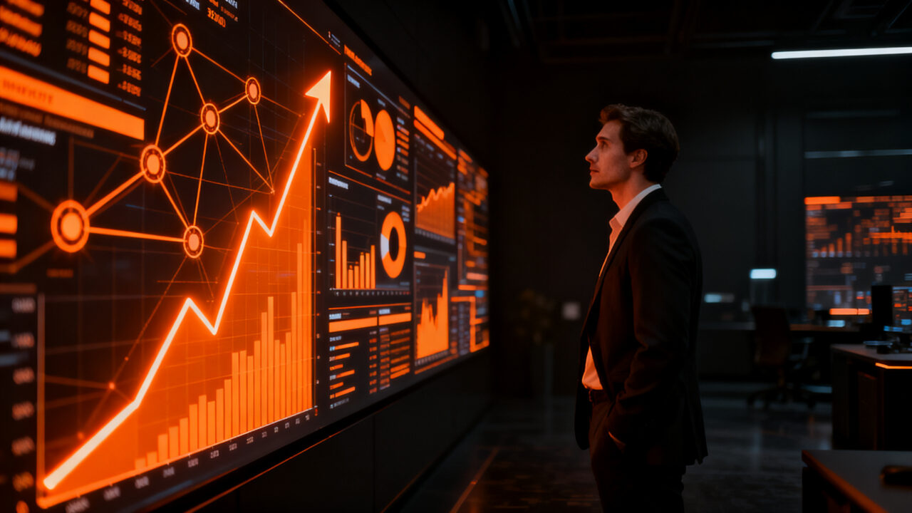 Estratega de marketing analizando datos complejos para la toma de decisiones basada en ROI y efectividad.