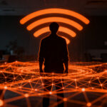 Silueta humana detectada a través de ondas WiFi, representando riesgos de ciberseguridad y privacidad en el ecosistema startup.