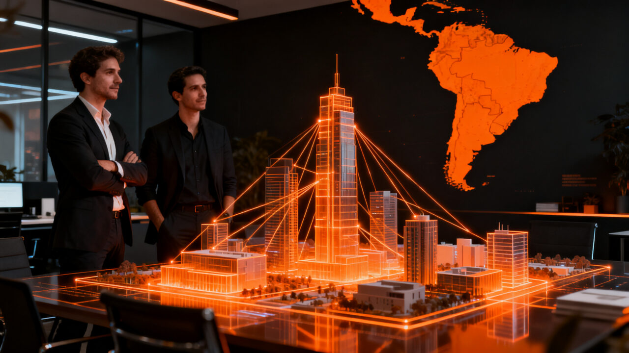 Emprendedores analizando un mapa digital inmobiliario, representando la expansión regional de la PropTech Winbuild en LatAm.