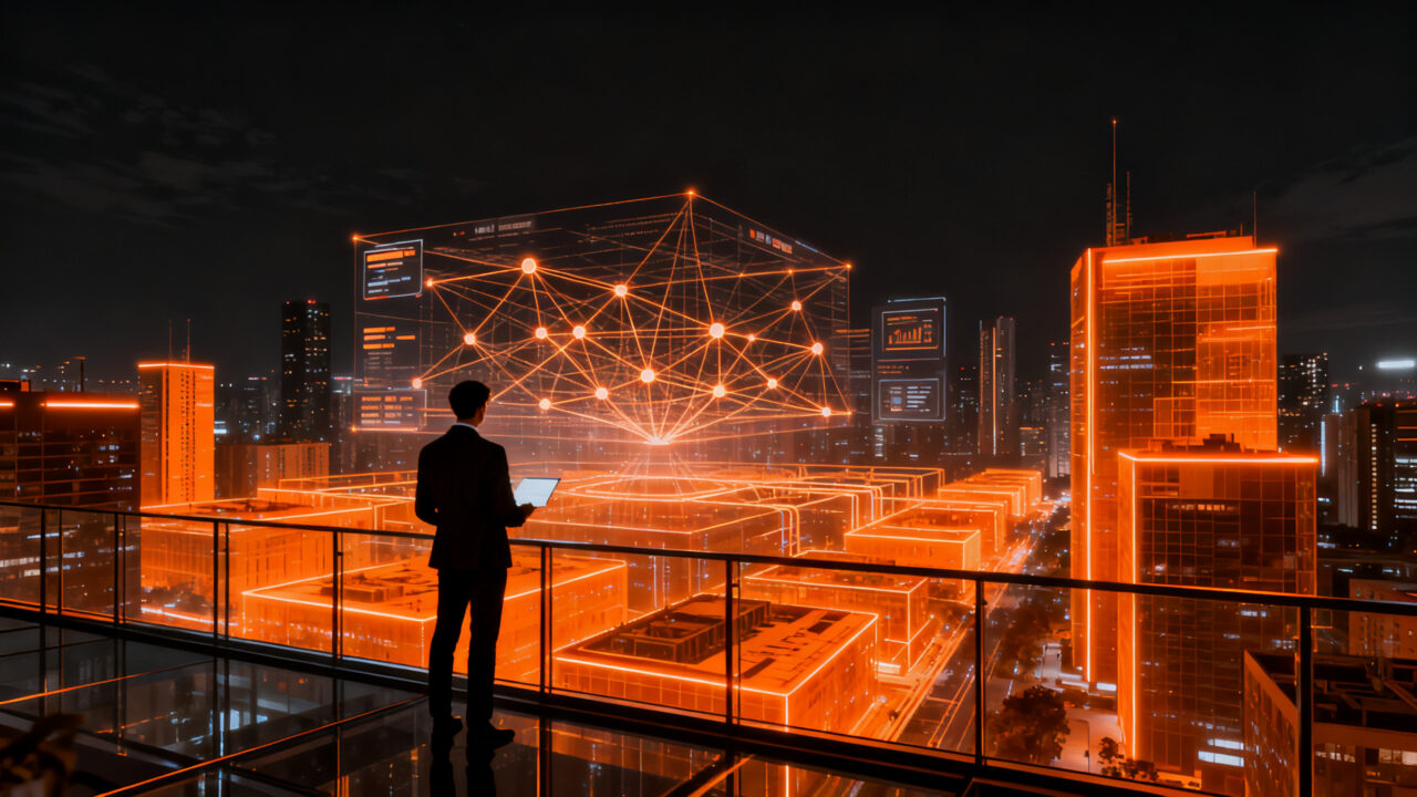 Vista urbana futurista de la ciudad inteligente Xiong'an con gemelo digital y tecnología IA aplicada.