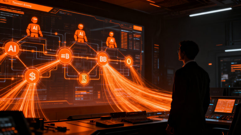 Agente de inteligencia artificial realizando pagos automatizados en la red blockchain XRPL, representando la nueva economía agéntica fintech.