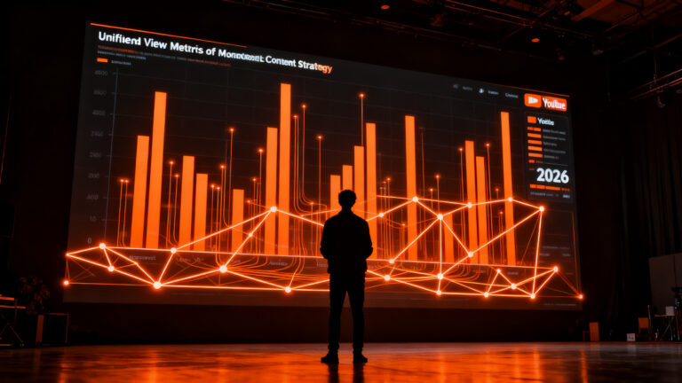 Creador de contenido analizando métricas de YouTube en un entorno digital de datos para estrategias de monetización 2026.