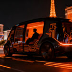 Robotaxi de Zoox circulando por las calles de Las Vegas, representando el futuro de la movilidad autónoma de Amazon.