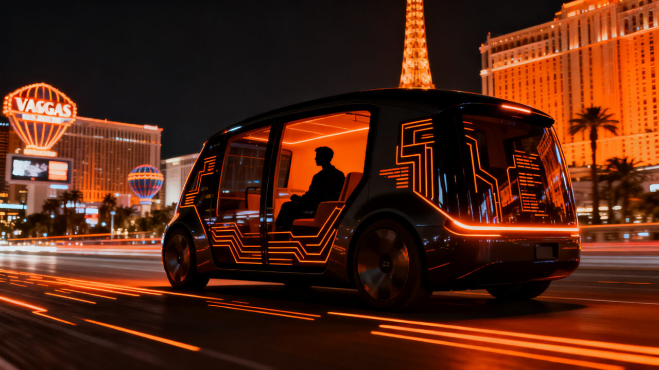 Robotaxi de Zoox circulando por las calles de Las Vegas, representando el futuro de la movilidad autónoma de Amazon.