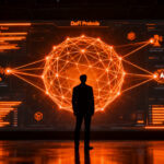 Agente de IA interactuando con protocolos DeFi y datos de blockchain para automatización financiera.