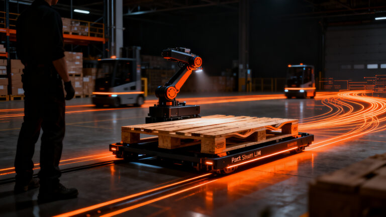 Robot logístico Pallet Shuttle SLIM de Abisysa optimizando la automatización intralogística de palés deformados en un almacén.