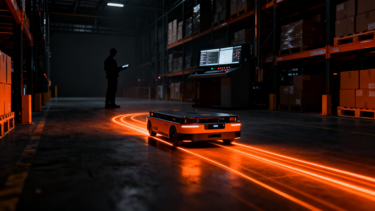 Sistema de automatización logística Pallet Shuttle SLIM de Abisysa operando en un almacén inteligente.