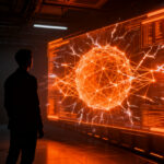 Silueta de un ciberseguridad profesional analizando redes neuronales sin restricciones, concepto de IA sin guardrails y red teaming.
