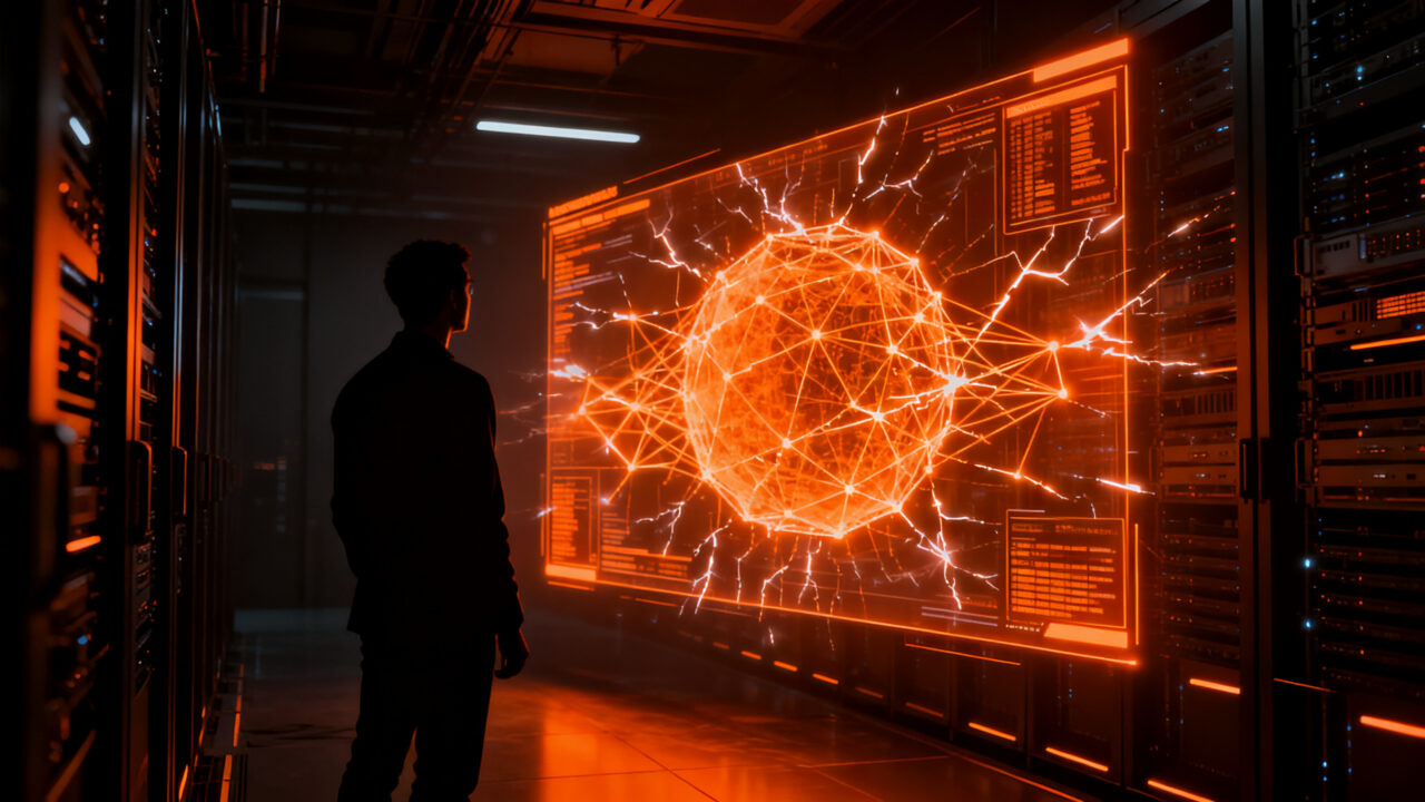 Silueta de un ciberseguridad profesional analizando redes neuronales sin restricciones, concepto de IA sin guardrails y red teaming.
