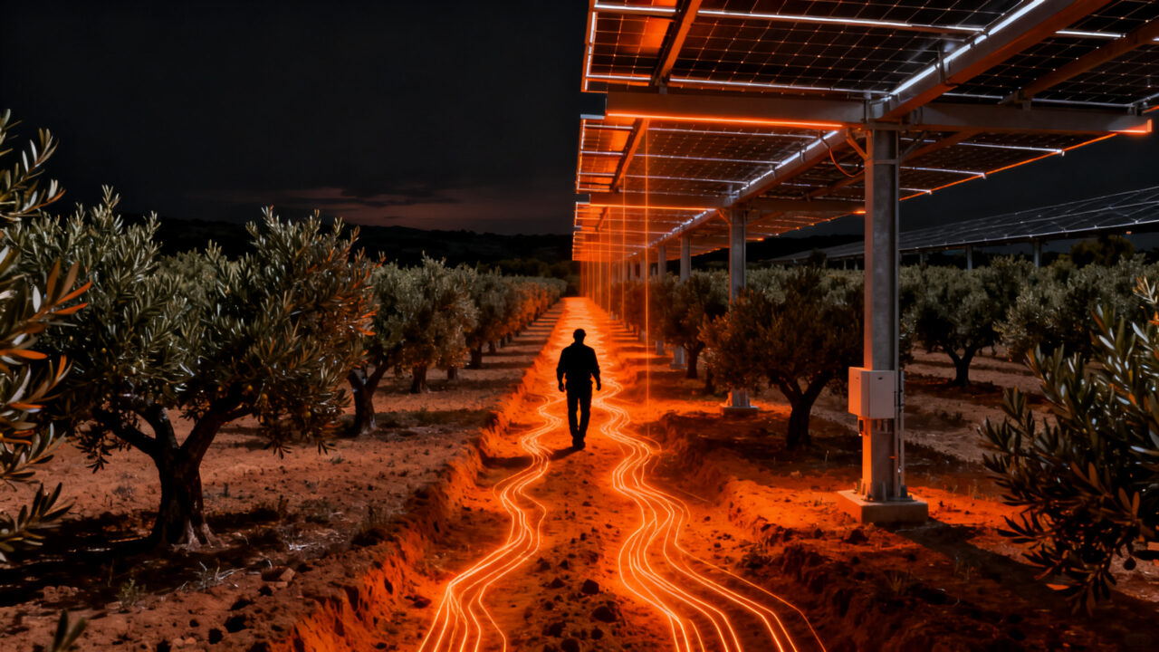 Proyecto agrivoltaico de Acesur en Jaén, integrando paneles solares sobre olivares para la transición energética agroindustrial.
