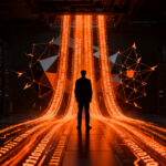 Representación conceptual de ciberespionaje y robo de propiedad intelectual en modelos de inteligencia artificial mediante redes digitales.