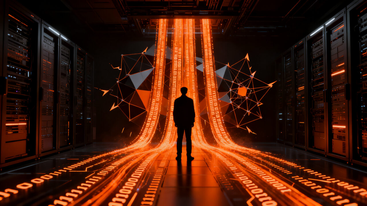 Representación conceptual de ciberespionaje y robo de propiedad intelectual en modelos de inteligencia artificial mediante redes digitales.
