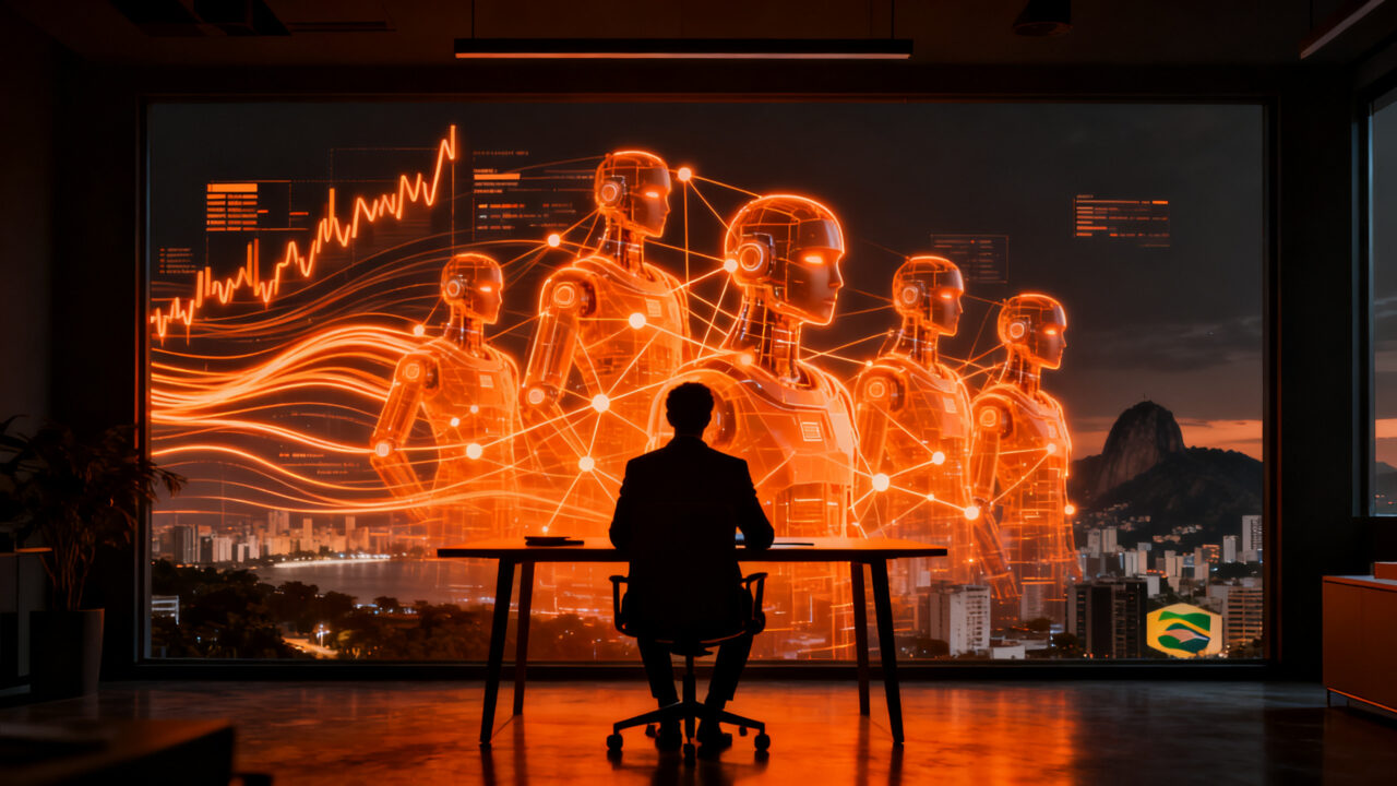 Profesional trabajando en Brasil con agentes de inteligencia artificial, liderando la adopción tecnológica en LATAM según Google Cloud.