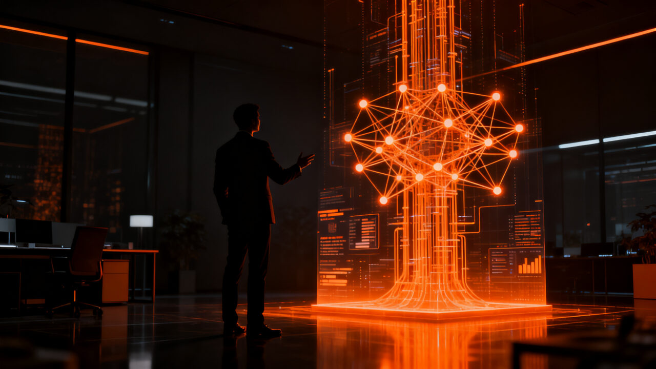 Empresario mexicano analizando redes neuronales de inteligencia artificial, representando la adopción masiva de IA en empresas según Banxico.