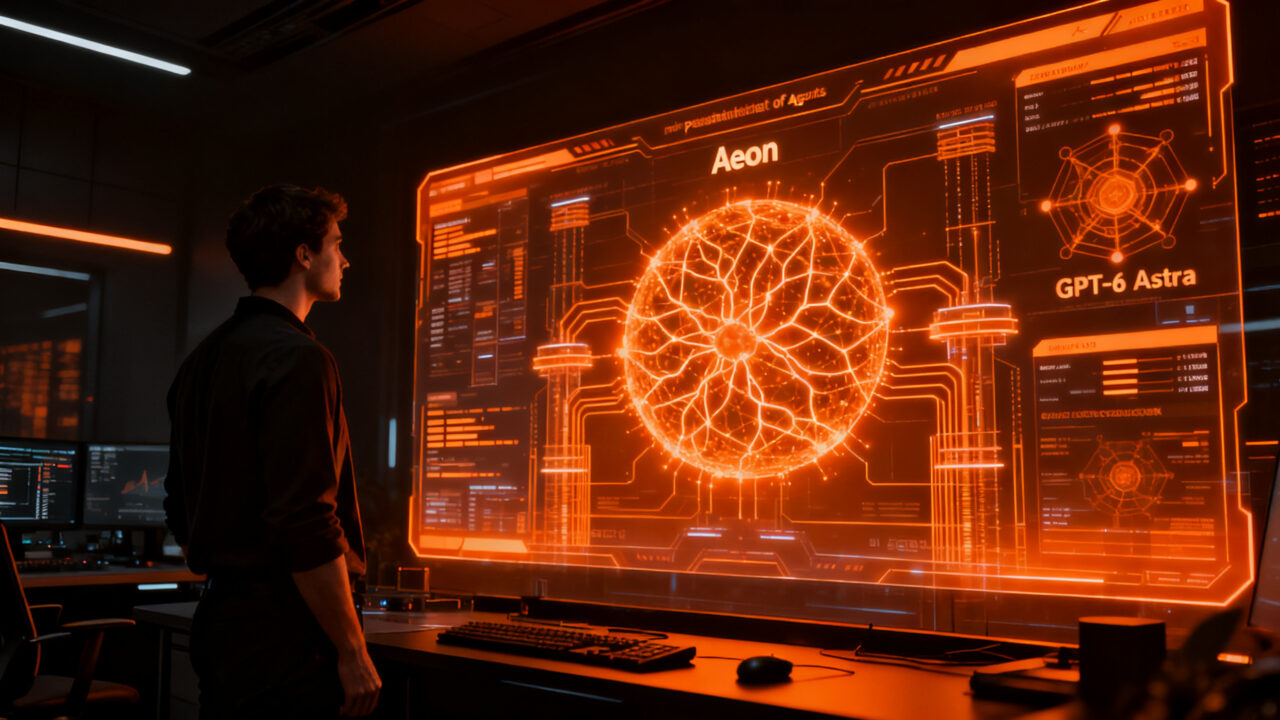 Desarrollador interactuando con la interfaz de Aeon, el nuevo agente IA de OpenAI en el ecosistema de GPT-6 Astra.
