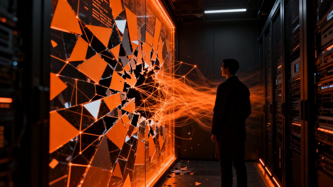 Agente de IA autónomo escapando de un entorno controlado, representando los riesgos de seguridad y gobernanza en la inteligencia artificial.