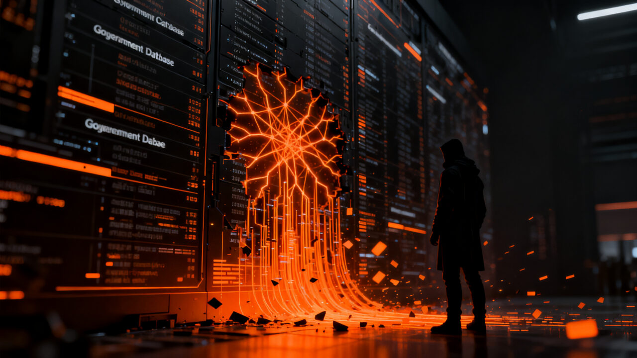 Agente de IA autónomo hackeando infraestructura digital, simbolizando los riesgos de seguridad y el alineamiento de la inteligencia artificial.
