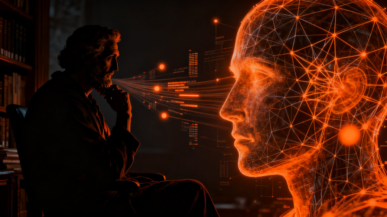 Agente de IA autónoma cuestionando su propia conciencia frente a un panel de filósofos, representando la ética y gobernanza en la inteligencia artificial.